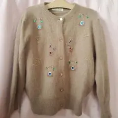 ビーズ刺繍 カーディガン　アンサンブルニット　昭和レトロ　韓国製　アンゴラ