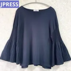 JPRESS ジェイプレス 袖プリーツ 7分袖 薄手ニット ネイビー Lのサムネイル