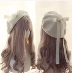 【人気】ベレー帽 バックリボン レース ホワイト 量産型 ロリータ 甘ロリ