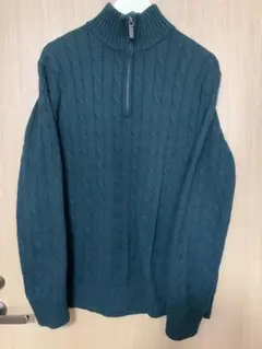 ダークグリーン ケーブルニット ハイネックセーター ハーフジップ
