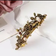 割引　花とパール装飾のゴールドバレッタ バラ　ヴィンテージ風　レトロ