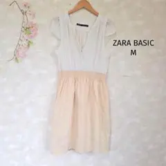 ZARA BASIC シャツワンピース【M】ベージュ×オフホワイト ふんわり