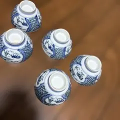 最終処分特価　青白磁 湯飲み 5個セット　手描きと印判　素朴な味わい　サービス品