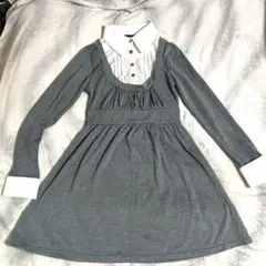 グレー 長袖 シャツ風 襟付きひざ丈ワンピース Mサイズ