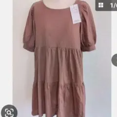 新品　半袖ティアードチュニック/Lブラウン