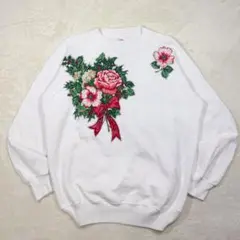 Hanes 花柄スウェット M ホワイト USA古着