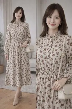 花柄 韓国 ワンピース フリルネック 春ワンピ ベージュ ブラウン
