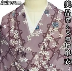 T816 美品 洗える着物 単衣 絽 唐花 麻の葉 ポリエステル 小紋 和装