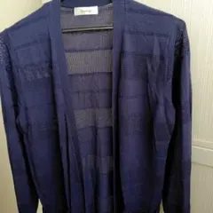 紺 カーディガン　L 　長袖　透かし編み模様　　ポケット付　ロング