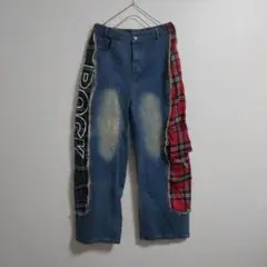 古着 リメイク ハンドメイド風 サイド切替チェック デニム L ユニセックス