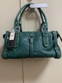 本物 オーストリッチ ハンドバッグ 肩掛け グリーン シルバー金具