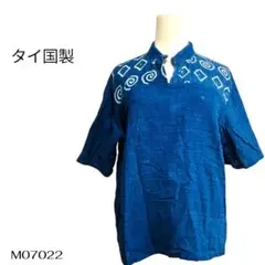 タイ製 ダークブルー 半袖 トップス 綿100% トップス スタンドカラー