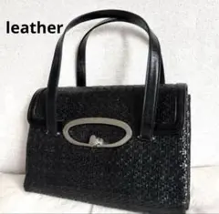 ブラックレザー ハンドバッグ メタルハンドル