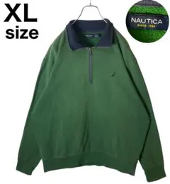 NAUTICAハーフジッププルオーバーグリーンスウェット刺繍ロゴXLビッグサイズ