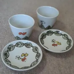 九谷青窯　米満麻子　色絵葉っぱに蝶　4寸皿＆そば猪口（湯呑み）セット　レア