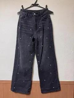 パール装飾 ブラック ワイドレッグデニム　GRL