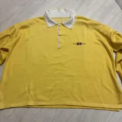 イエロー 長袖ポロシャツ 花刺繍 古着