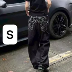 ワイドデニムパンツ　バギーデニム　黒　ブラック　刺繍　ユニセックス　S