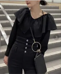 rienda フリルネック布帛コンビニットトップス ブラック