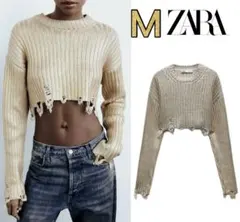新品 ZARA リブニット クロップド ダメージ加工 セーター M ラスト1点♪