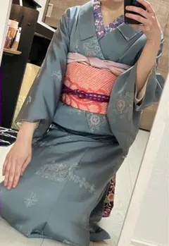 水色　グレー 小紋 着物 アンティーク着物