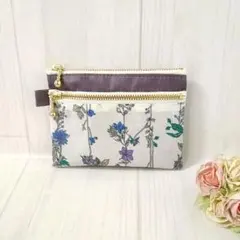 青薔薇×ダンガリー無地　ダブルファスナーポーチ　マスクケース　通帳ケース 青薔薇×ダンガリー無地 ダブルファスナーポーチ マスクケース 通帳入れ