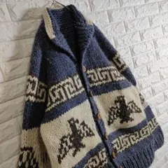 【肉厚ニット】 カウチンニット ボタン留め イーグル ブルー XL相当