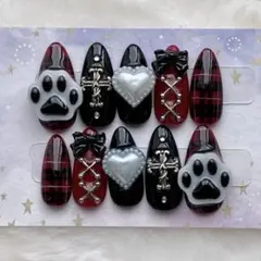 ネイルチップ　赤　黒　肉球　猫　在庫処分　現品　量産型　地雷系　推し活　サブカル