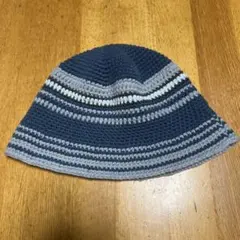 手編みバケットハット ネイビー グレー ストライプ　ビーニー　古着 ニット帽