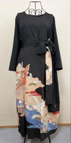 留袖ワンピース　着物リメイク　手描き　ハンドメイド　 M〜2L絹