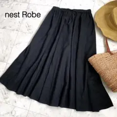 美品✨ネストローブ　リネンギャザースカート　ブラック　リネン100% フレア nest Robe ネストローブ 麻100% ギャザースカート ブラック - メルカリ