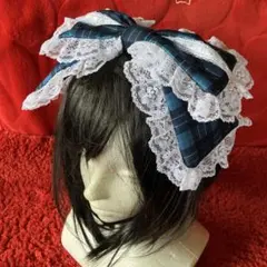 【ブルーチェック×ホワイト】リボンカチューシャ【手作り】