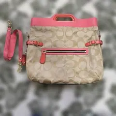 COACH コーチ 2way バッグ ベージュ ピンク シグネチャー 13386