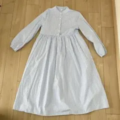 ストライプ柄 シャツワンピース ロング丈 ブルー 長袖 バンドカラー