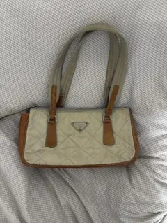 PRADA トートバッグ　ナイロン　三角ロゴプレート　レザー　アイボリー　茶色
