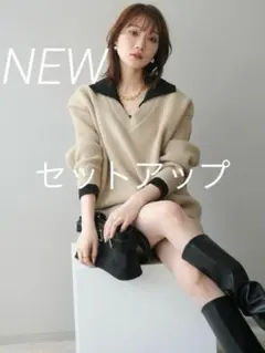 【2点セット】配色襟ニットミニスカート セットアップ ベージュ lumier同型