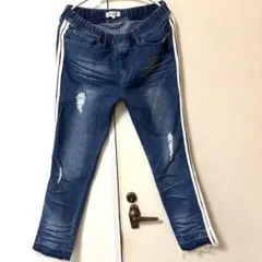 サイドライン デニムパンツ ダメージ加工 ストレッチ Lサイズ
