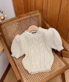 アイボリー ケーブルニット 半袖 パフスリーブ