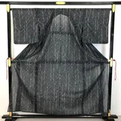 夏着物 小紋 葉模様 黒色 KK-2244