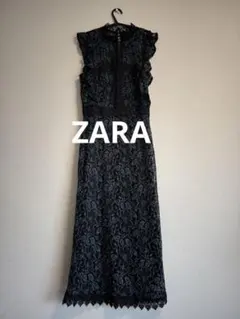 ZARA ザラ ボートネック総レースワンピース ブルーグリーン