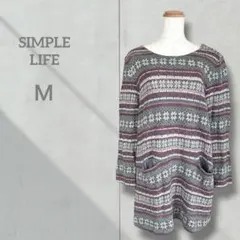 【レディース】チュニック丈 ニット 総柄 セーター 長袖 M ポケット付き