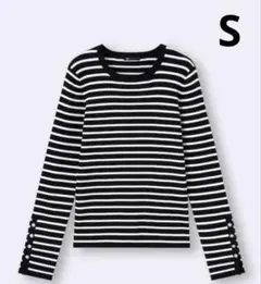 リブニットボーダーボタンスリーブプルオーバー