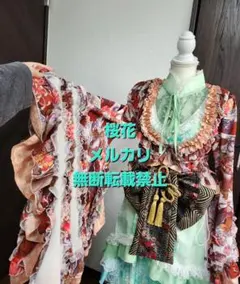 Qutie Frash 赤系鶴和柄着物袖オフショルダーカーディガン ボレロ Qutie Frash 赤系鶴和柄着物袖オフショルダーカーディガン ボレロ