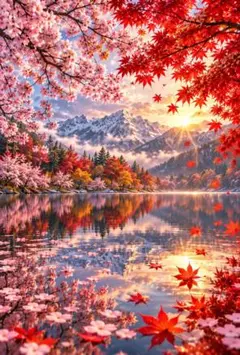 奇跡の湖　四季　幻想　夢の世界　さくら　紅葉　もみじ　桜　イラスト　C283