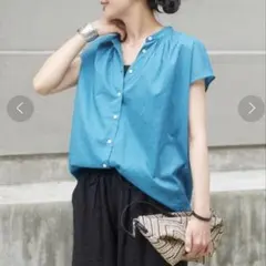 journal standard バンドカラーブラウス ブルー フレンチスリーブ 