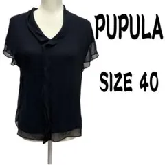 PUPULA 半袖ブラウス ボウタイ風 ブラック サイズ40