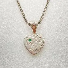 ハワイアンジュエリー　ネックレス　プルメリア　ハート　天然石　エメラルド　宝石質