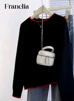 激安☆黒 赤 リブ編み 長袖ニット☆美品