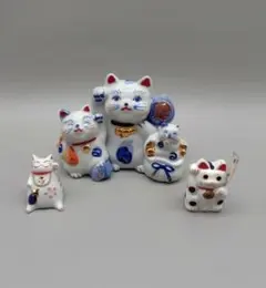 招き猫 3個セット『染付 陶器 三兄弟』『寿 桜 陶器』『開運招福 旗』