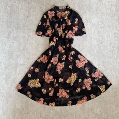 昭和レトロ 花柄 半袖 フレアワンピース ワンピース シアー フェミニン 金糸